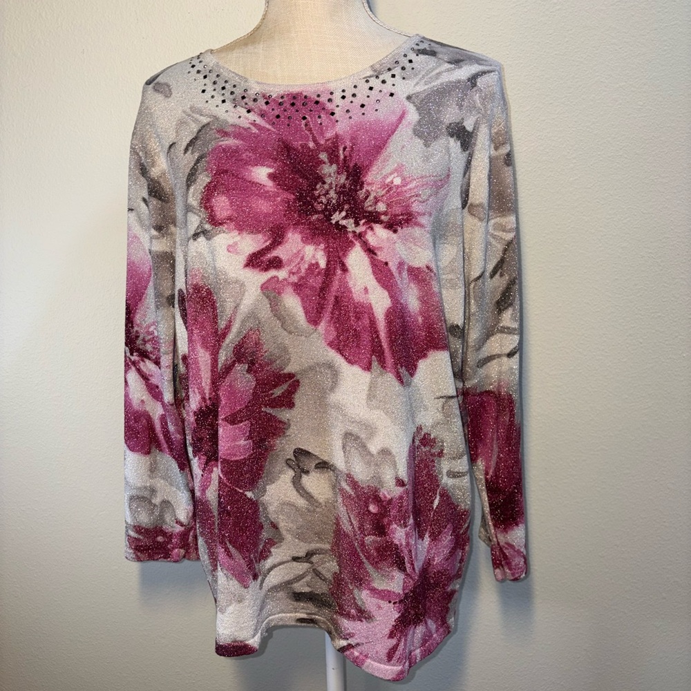 Alfred Dunner Pink and Grey Floral Sparkly Blouse Size Large - Picture 2 of 7